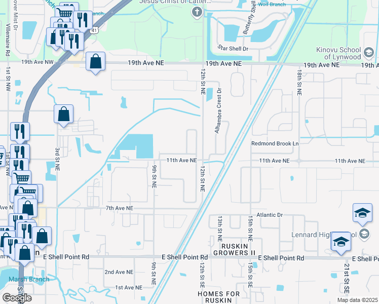 map of restaurants, bars, coffee shops, grocery stores, and more near 1224 Brenton Leaf Drive in Ruskin
