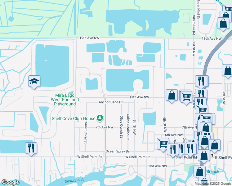 map of restaurants, bars, coffee shops, grocery stores, and more near 825 Seminole Sky Drive in Ruskin