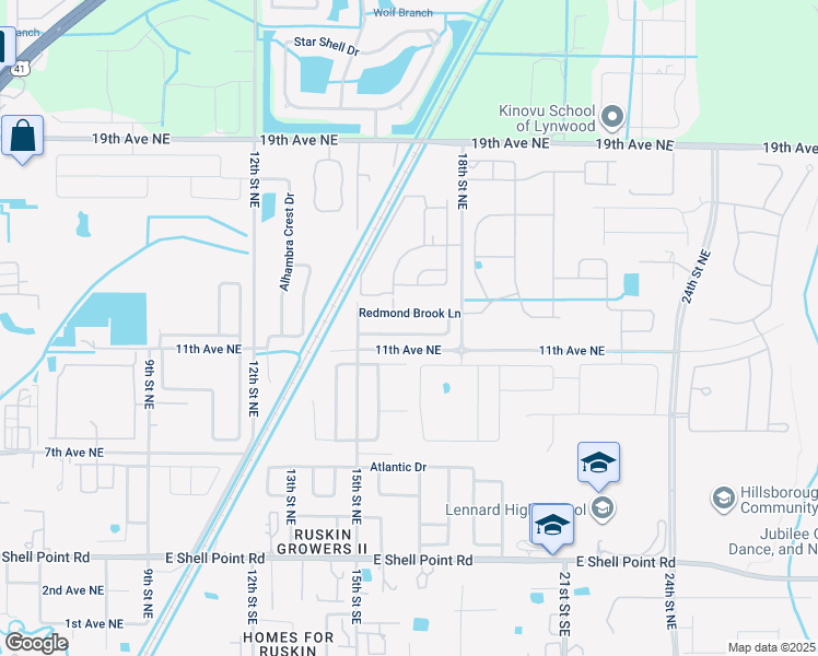 map of restaurants, bars, coffee shops, grocery stores, and more near 1608 Climbing Dayflower Drive in Ruskin
