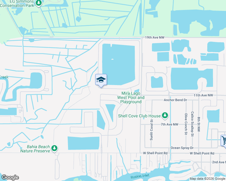 map of restaurants, bars, coffee shops, grocery stores, and more near 1838 Mira Lago Circle in Ruskin