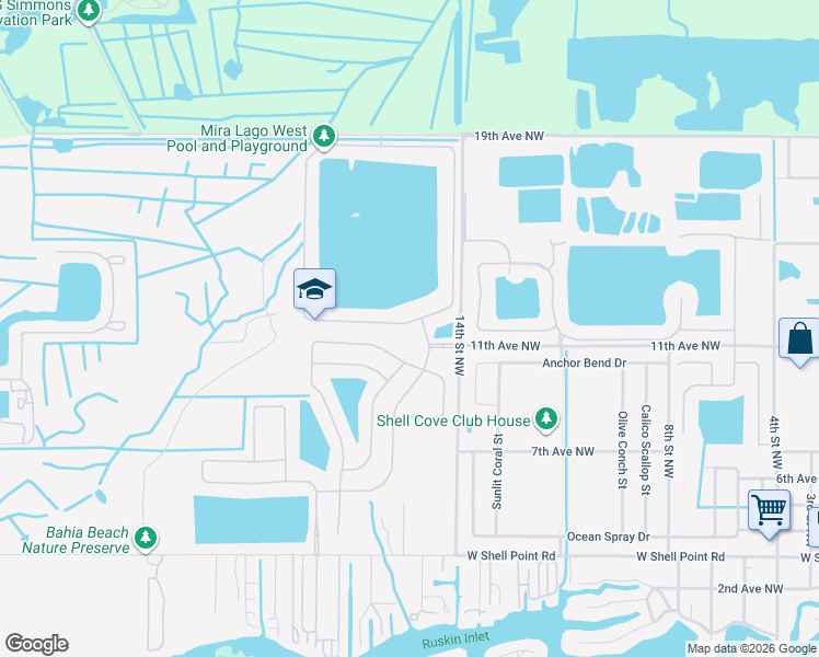 map of restaurants, bars, coffee shops, grocery stores, and more near 1853 Mira Lago Circle in Ruskin