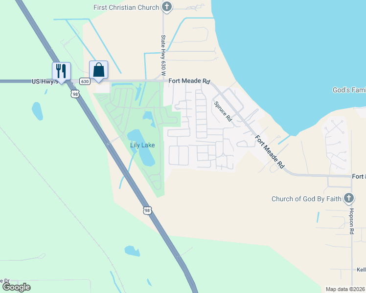 map of restaurants, bars, coffee shops, grocery stores, and more near 648-670 Sunset Circle in Frostproof