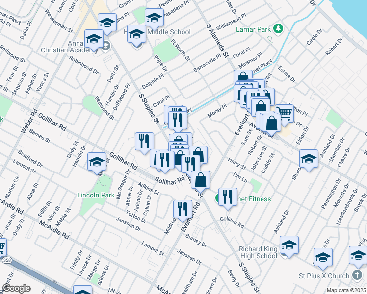 map of restaurants, bars, coffee shops, grocery stores, and more near 4120 Barry Street in Corpus Christi