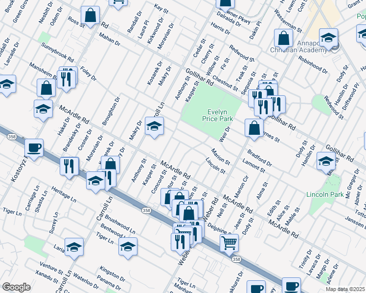 map of restaurants, bars, coffee shops, grocery stores, and more near 3726 Lincoln Street in Corpus Christi
