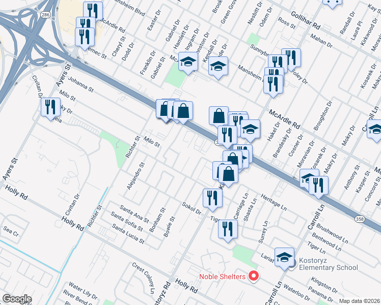 map of restaurants, bars, coffee shops, grocery stores, and more near 5202 Glenmont Drive in Corpus Christi