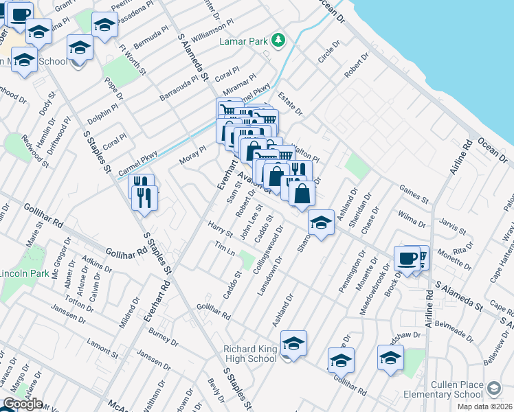 map of restaurants, bars, coffee shops, grocery stores, and more near 4310 Gertie Street in Corpus Christi