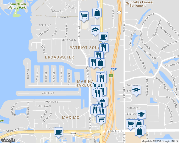 map of restaurants, bars, coffee shops, grocery stores, and more near 4310 37th Street South in Saint Petersburg