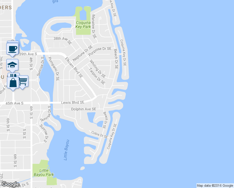 map of restaurants, bars, coffee shops, grocery stores, and more near 563 Lewis Boulevard Southeast in St. Petersburg
