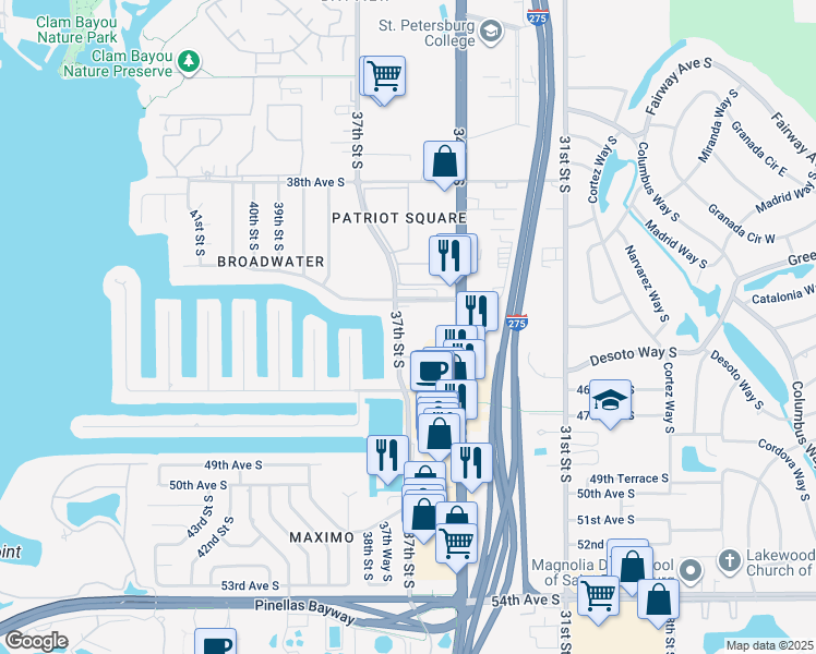 map of restaurants, bars, coffee shops, grocery stores, and more near 4300 37th Street South in St. Petersburg