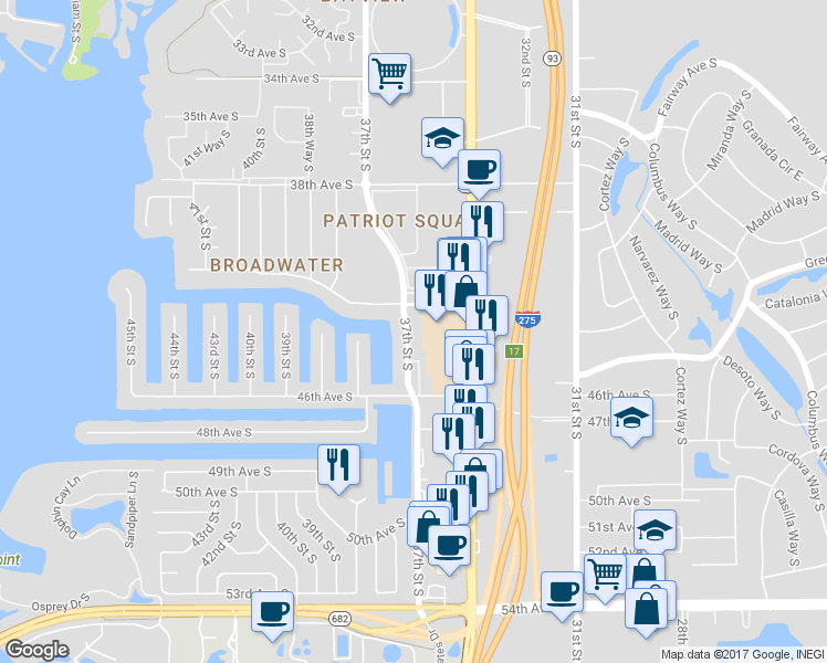 map of restaurants, bars, coffee shops, grocery stores, and more near 4300 37th Street South in St. Petersburg