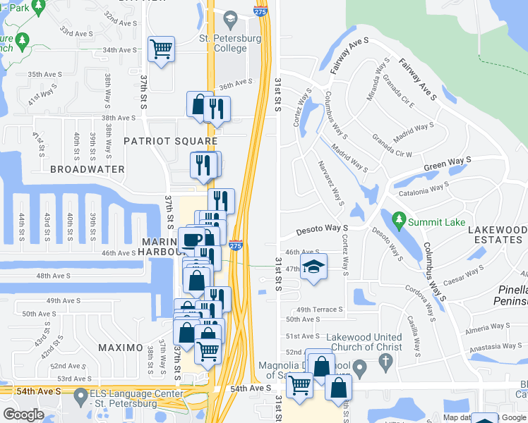 map of restaurants, bars, coffee shops, grocery stores, and more near 4301 31st Street South in St. Petersburg