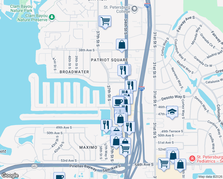 map of restaurants, bars, coffee shops, grocery stores, and more near 4300 37th Street South in St. Petersburg