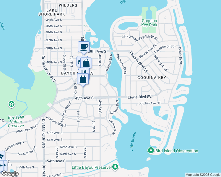map of restaurants, bars, coffee shops, grocery stores, and more near 4337 Sunrise Drive South in St. Petersburg