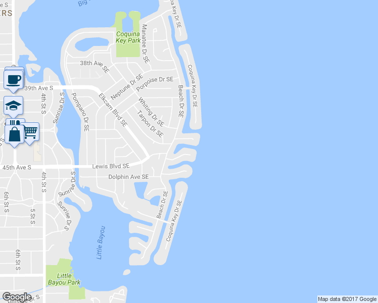 map of restaurants, bars, coffee shops, grocery stores, and more near 579 Lewis Boulevard Southeast in St. Petersburg