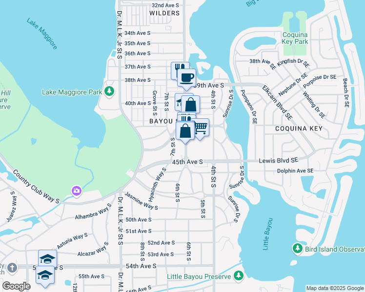 map of restaurants, bars, coffee shops, grocery stores, and more near 4314 6th Street South in St. Petersburg