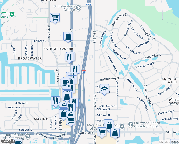 map of restaurants, bars, coffee shops, grocery stores, and more near 4301 31st Street South in St. Petersburg