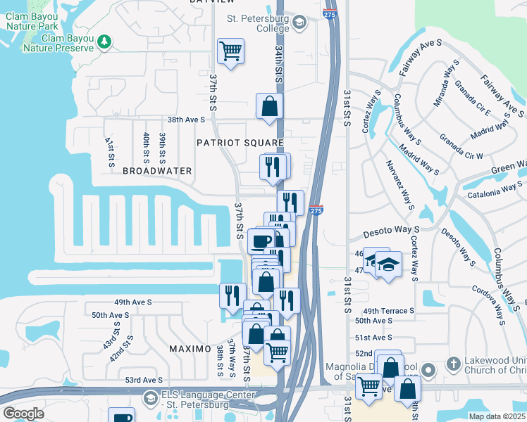map of restaurants, bars, coffee shops, grocery stores, and more near 4241-4253 34th Street South in Saint Petersburg