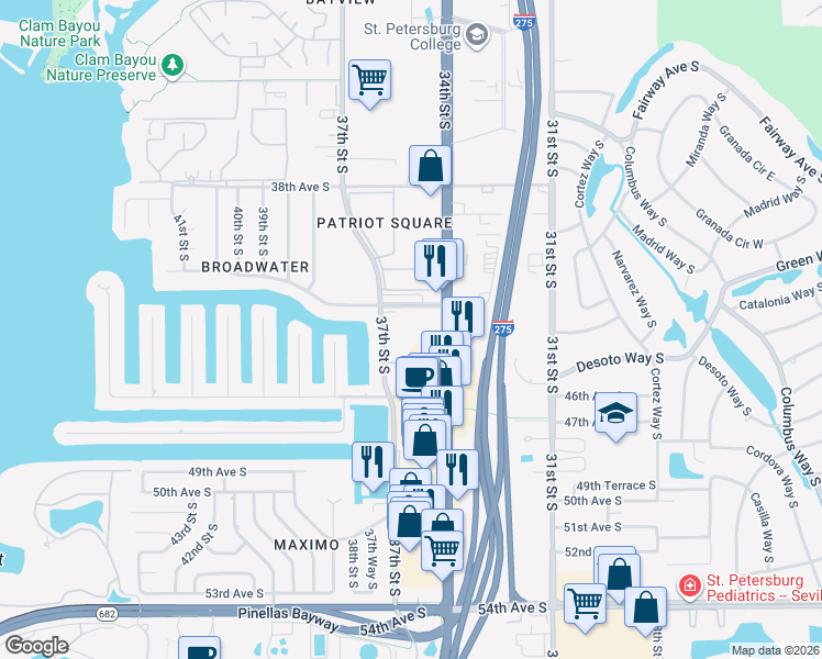 map of restaurants, bars, coffee shops, grocery stores, and more near 4241-4253 34th Street South in Saint Petersburg