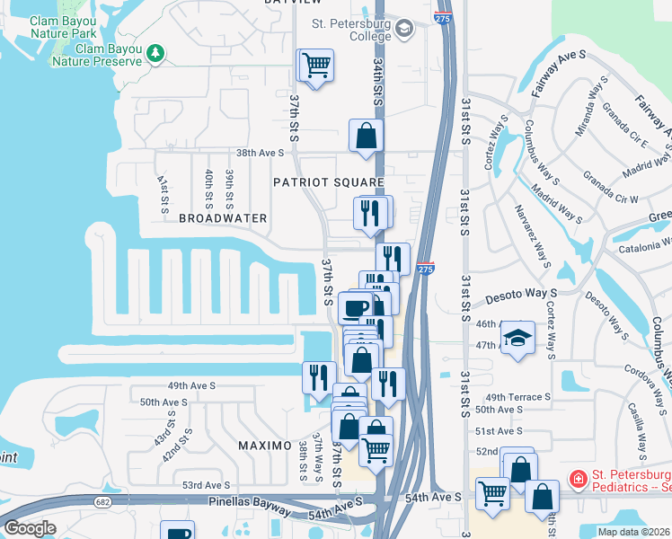map of restaurants, bars, coffee shops, grocery stores, and more near 4300 37th Street South in St. Petersburg