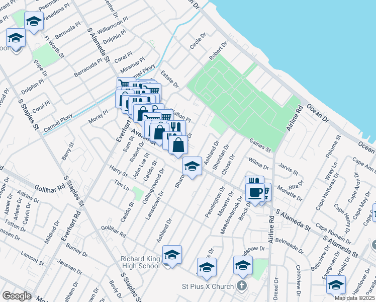 map of restaurants, bars, coffee shops, grocery stores, and more near 4368 South Alameda Street in Corpus Christi