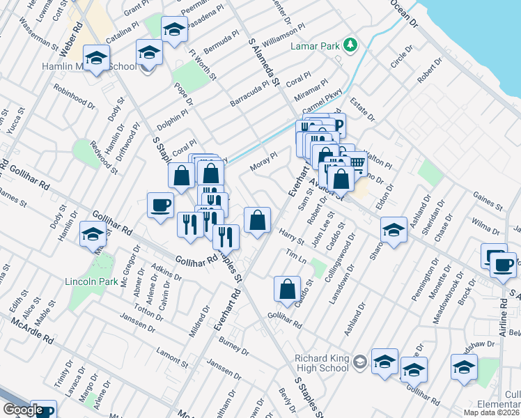 map of restaurants, bars, coffee shops, grocery stores, and more near 4134 Harry Street in Corpus Christi