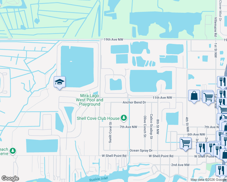 map of restaurants, bars, coffee shops, grocery stores, and more near 1120 Seminole Sky Drive in Ruskin