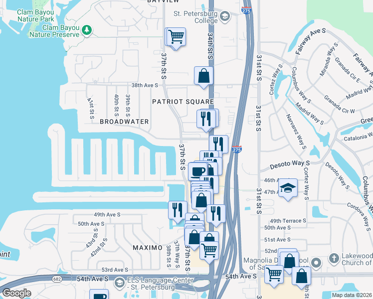 map of restaurants, bars, coffee shops, grocery stores, and more near 4300 37th Street South in St. Petersburg