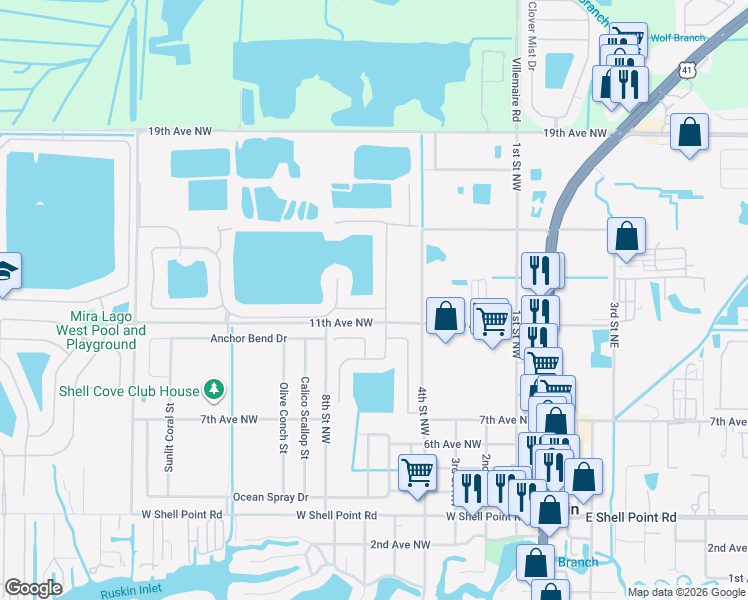 map of restaurants, bars, coffee shops, grocery stores, and more near 609 Marion Hill Ln in Ruskin