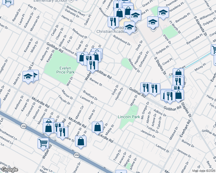 map of restaurants, bars, coffee shops, grocery stores, and more near 4122 Barnes Street in Corpus Christi
