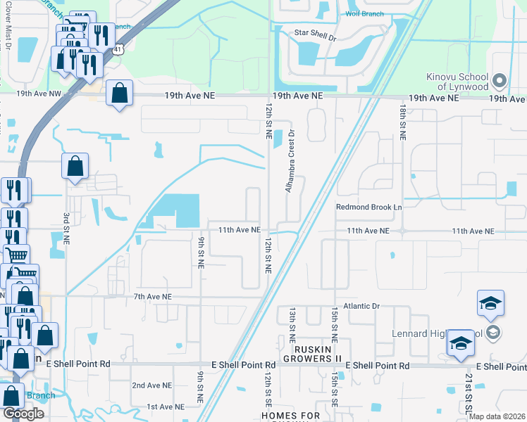map of restaurants, bars, coffee shops, grocery stores, and more near 1115 Brenton Leaf Drive in Ruskin