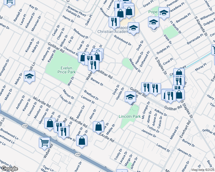 map of restaurants, bars, coffee shops, grocery stores, and more near 4122 Barnes Street in Corpus Christi