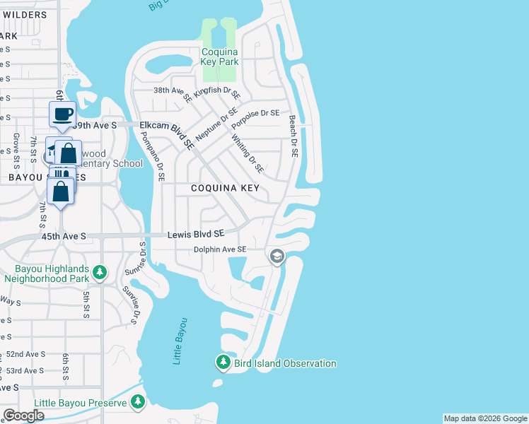 map of restaurants, bars, coffee shops, grocery stores, and more near 473 Lewis Boulevard Southeast in St. Petersburg
