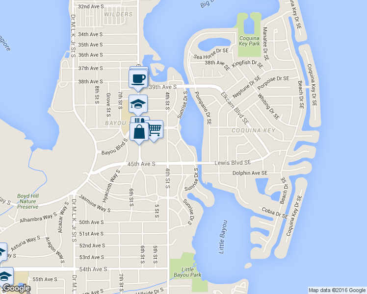 map of restaurants, bars, coffee shops, grocery stores, and more near 4337 Sunrise Drive South in St. Petersburg