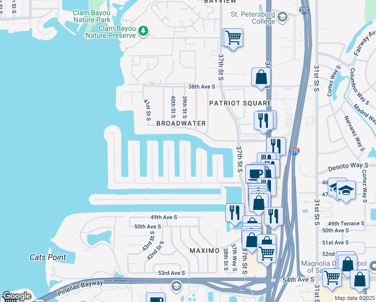 map of restaurants, bars, coffee shops, grocery stores, and more near 4340 39th Street South in St. Petersburg