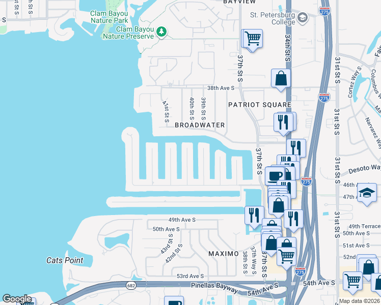 map of restaurants, bars, coffee shops, grocery stores, and more near 4342 40th Street South in St. Petersburg