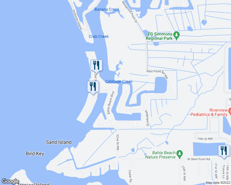 map of restaurants, bars, coffee shops, grocery stores, and more near 611 Bahia Beach Boulevard in Ruskin