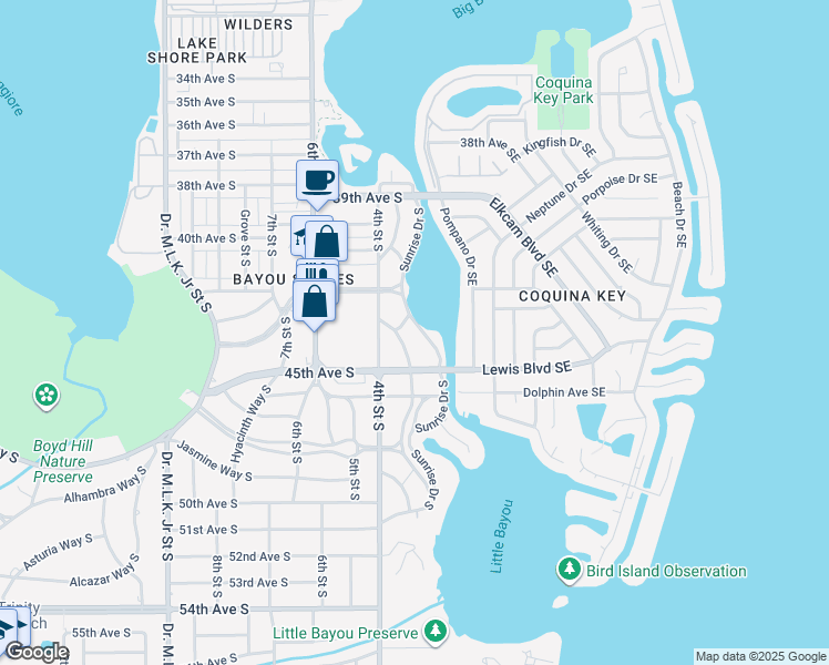 map of restaurants, bars, coffee shops, grocery stores, and more near 4337 Sunrise Drive South in St. Petersburg