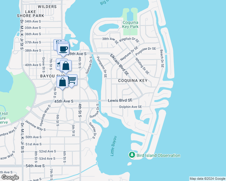 map of restaurants, bars, coffee shops, grocery stores, and more near 4400 Neptune Drive Southeast in Saint Petersburg