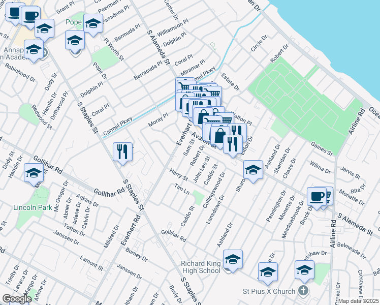 map of restaurants, bars, coffee shops, grocery stores, and more near 629 Sam Street in Corpus Christi
