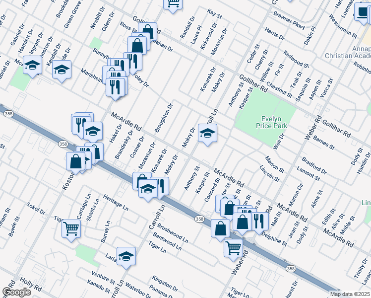 map of restaurants, bars, coffee shops, grocery stores, and more near 4834 Mokry Drive in Corpus Christi