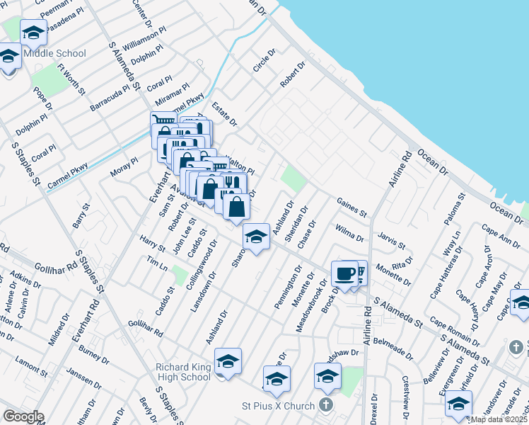 map of restaurants, bars, coffee shops, grocery stores, and more near 446 Sharon Drive in Corpus Christi