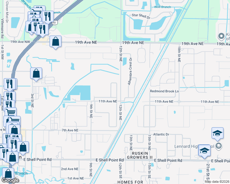 map of restaurants, bars, coffee shops, grocery stores, and more near 1114 Brenton Leaf Drive in Ruskin