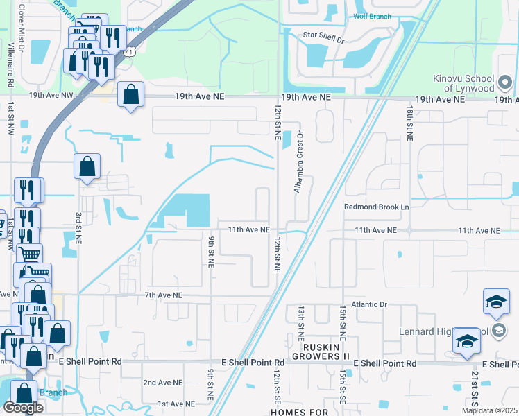 map of restaurants, bars, coffee shops, grocery stores, and more near 1216 Brenton Leaf Drive in Ruskin