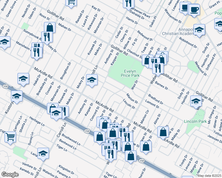 map of restaurants, bars, coffee shops, grocery stores, and more near 3726 Lincoln Street in Corpus Christi