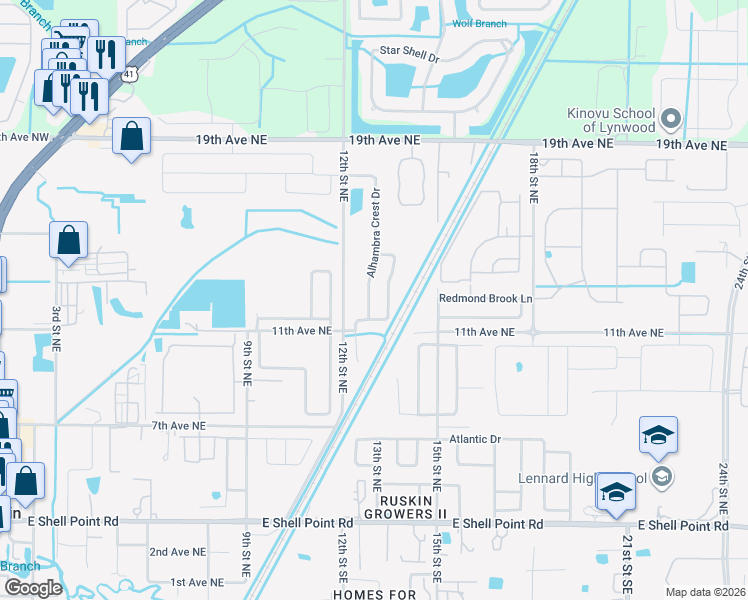 map of restaurants, bars, coffee shops, grocery stores, and more near 1209 Alhambra Crest Drive in Ruskin