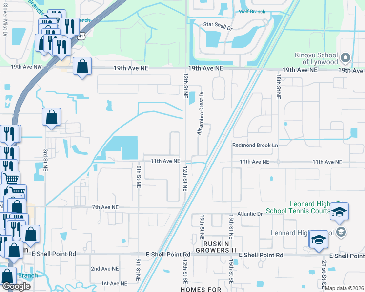 map of restaurants, bars, coffee shops, grocery stores, and more near 1115 Brenton Leaf Drive in Ruskin