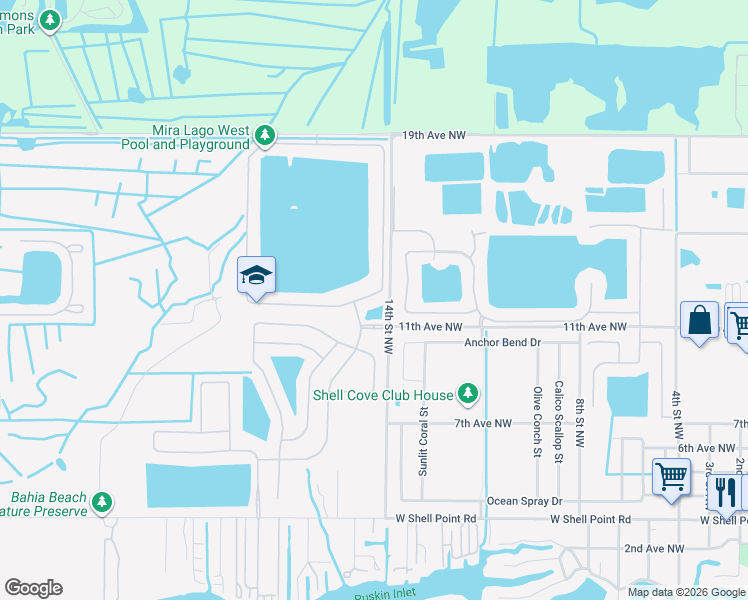 map of restaurants, bars, coffee shops, grocery stores, and more near 1507 Mira Lago Circle in Ruskin
