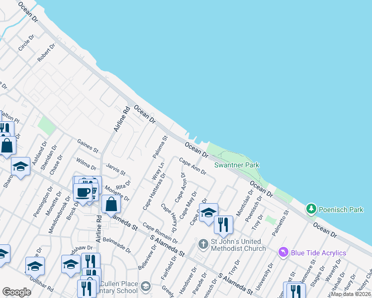 map of restaurants, bars, coffee shops, grocery stores, and more near 5005 Ocean Drive in Corpus Christi