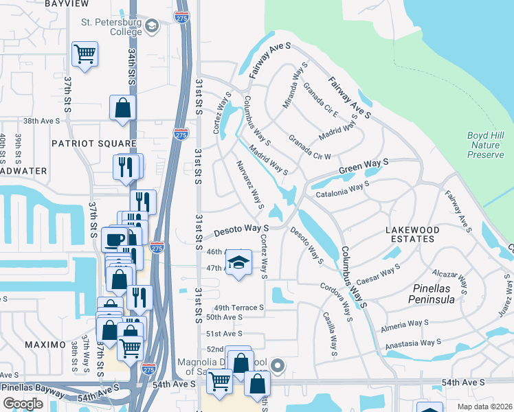 map of restaurants, bars, coffee shops, grocery stores, and more near 4311 Narvarez Way South in St. Petersburg