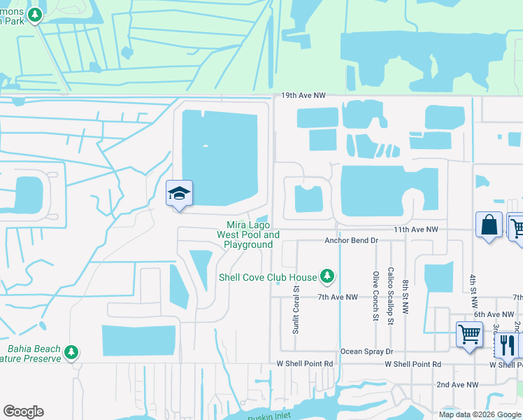 map of restaurants, bars, coffee shops, grocery stores, and more near 1507 Mira Lago Circle in Ruskin